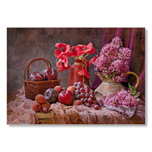 Vazolarda Sümbül Ve Gelincikler Sepette Taze Meyveler Mdf Ahşap Tablo 50x70 cm