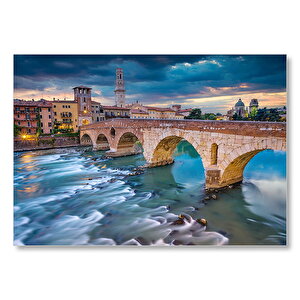 İtalya Verona Ponte Pietra Köprüsü Ve Mor Gökler Mdf Ahşap Tablo 35x50 cm