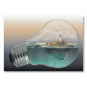 Ampul İçinde Okyanus Ve Ada İllüstrasyonu Mdf Ahşap Tablo 35x50 cm
