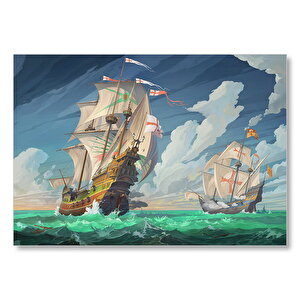 Haçlı Gemileri Dalgalı Deniz Ve Bulutlu Gökler Mdf Ahşap Tablo 35x50 cm