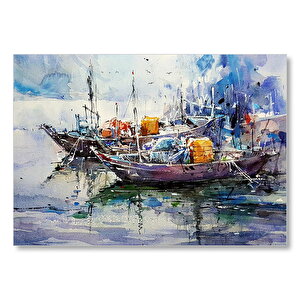 Rıhtımda Demirli Kayıklar Yağlı Boya Mdf Ahşap Tablo 50x70 cm