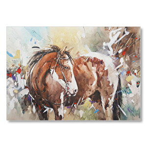 Kahverengi Beyaz At Büyük Fırça Darbeleri Mdf Ahşap Tablo 35x50 cm