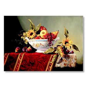 Seramik Tabakta Taze Meyveler Ve Çiçekler Mdf Ahşap Tablo 35x50 cm