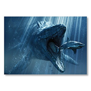 Jurassic World Megalodon Ve Büyük Beyaz Köpek Balığı Mdf Ahşap Tablo 35x50 cm