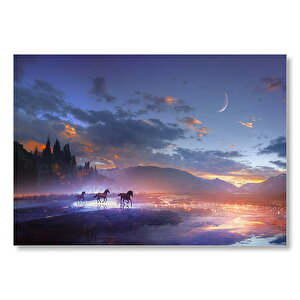 Mor Bulutlu Gökler Ve Göl Kıyısında Koşan Atlar Mdf Ahşap Tablo 25x35 cm