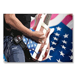 Elektrogitarist Ve Arka Planda Amerikan Bayrağı Dijital Resim Mdf Ahşap Tablo 50x70 cm