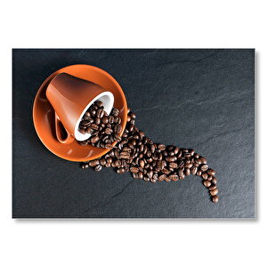 Turuncu Fincan Ve Kahve Çekirdekleri Mdf Ahşap Tablo 25x35 cm