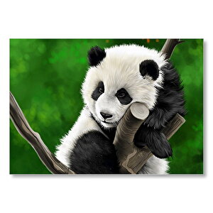 Dala Sarılmış Sevimli Panda Dijital Çizim Mdf Ahşap Tablo 25x35 cm