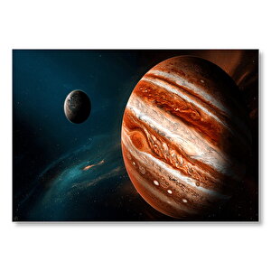 Jüpiter Ve Arkada Gezegen Ve Yıldızlar Mdf Ahşap Tablo 35x50 cm