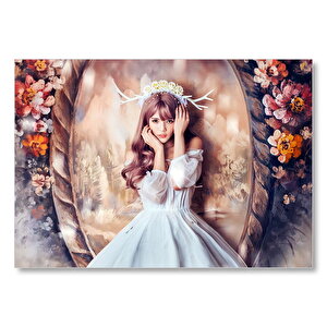 Ayna Ve Çiçekler Önünde Beyaz Elbiseli Geyik Boynuzlu Kız Mdf Ahşap Tablo 50x70 cm