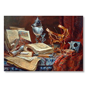Eski Kitaplar Kum Saati Dürbün Ve Usturlab Mdf Ahşap Tablo 35x50 cm