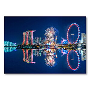 Malezya Singapur Gökdelenler Ve Gece Yansımaları Mdf Ahşap Tablo 50x70 cm