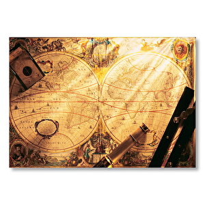 Eski Dünya Haritası Dürbün Pusula Ve Usturlab Mdf Ahşap Tablo 35x50 cm