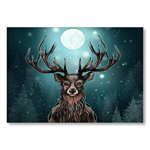 Dolunay Işığı Altında Boynuzlu Ren Geyiği Mdf Ahşap Tablo 50x70 cm
