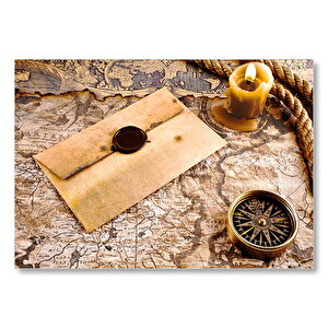 Eski Harita Mühürlü Mektup Mum Ve Pusula Mdf Ahşap Tablo 25x35 cm