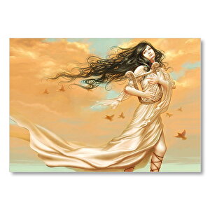 Lir Çalan Mistik Kız Ve Kuşlar Mdf Ahşap Tablo 50x70 cm