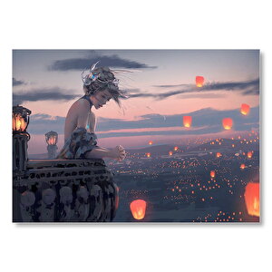 Balkonda Anime Karakteri Kız Ve Dilek Ateşleri Mdf Ahşap Tablo 50x70 cm