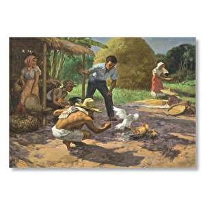 Horoz Dövüştüren Köylüler Ve Saman Yığınları Mdf Ahşap Tablo 50x70 cm