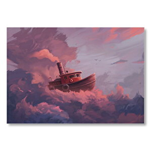 Şirin Balıkçı Teknesi Ve Mor Pembe Bulutlar Mdf Ahşap Tablo 25x35 cm