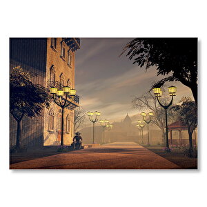 Sokak Lambaları Bulutlar Ve Şapkalı Adam Mdf Ahşap Tablo 35x50 cm