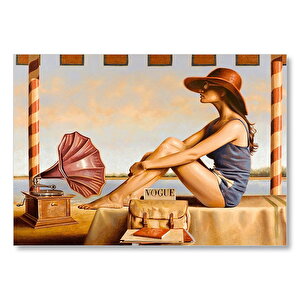 Lacivert Mayolu Kadın Ve Gramofon Mdf Ahşap Tablo 25x35 cm
