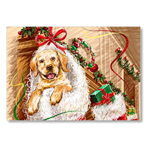 Şömineye Asılı Yılbaşı Hediyeleri Ve Yavru Köpek Mdf Ahşap Tablo 25x35 cm