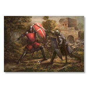 Çarpışan Zırhlı Şövalyeler Yağlı Boya Mdf Ahşap Tablo 50x70 cm