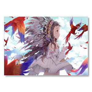 Anime Kız Ve Papağanlar Görseli Mdf Ahşap Tablo 50x70 cm