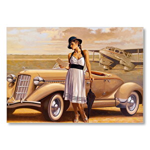 Antika Araba Uçak Ve Beyaz Elbiseli Kadın Mdf Ahşap Tablo 25x35 cm