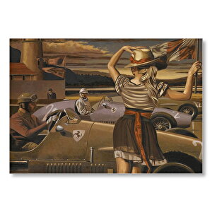 Antika Ferrari Yarış Arabaları Ve Start Bayraklı Kız Mdf Ahşap Tablo 50x70 cm