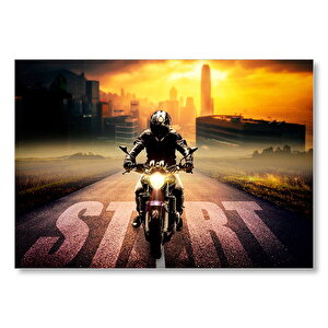 Motorsikletli Adam Günbatımı Ve Gökdelenler Mdf Ahşap Tablo 35x50 cm