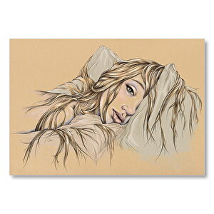 Başı Yastıkta Genç Kız Bej Arkaplan Mdf Ahşap Tablo 35x50 cm