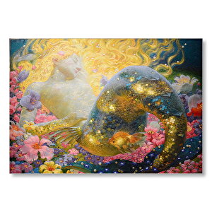 Altın Saçlı Deniz Kızı Çiçekler Ve Küçük Japon Balığı Mdf Ahşap Tablo 25x35 cm