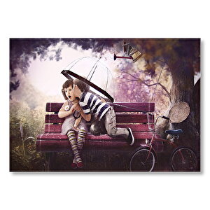 Bankta Kızı Öpen Şemsiyeli Çocuk Mdf Ahşap Tablo 50x70 cm