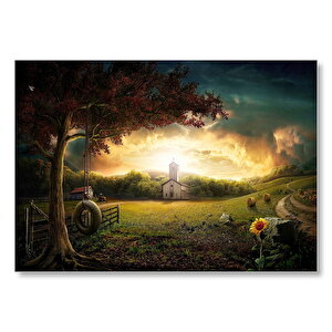 Günbatımında Bulutlar Kilise Ve Çayırlar Mdf Ahşap Tablo 35x50 cm