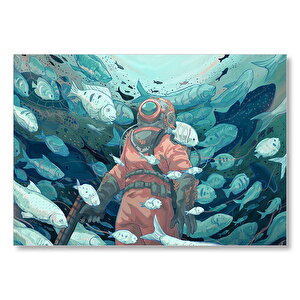 Giysisi Ve Zıpkınıyla Balıklar Arasındaki Dalgıç Mdf Ahşap Tablo 35x50 cm