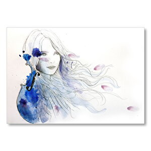 Suluboya Efekt Uzun Saçlı Kız Ve Keman Mdf Ahşap Tablo 50x70 cm