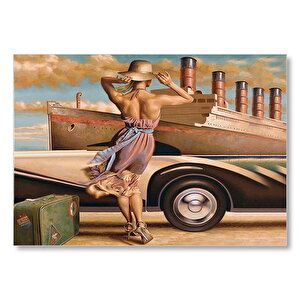 Titanik, Eski Araba Ve Yeşil Bavuluyla Genç Kadın Mdf Ahşap Tablo 25x35 cm
