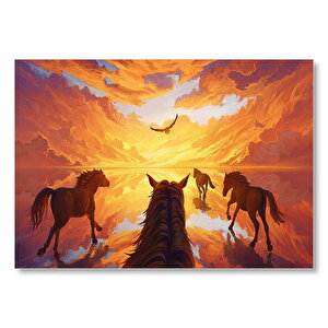 Kızıl Bulutlu Gökler Sudaki Aksi Ve Koşan Atlar Mdf Ahşap Tablo 50x70 cm