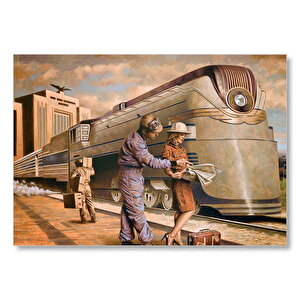 Fütüristik Tren Ve Eski Kıyafetli Yolcular Mdf Ahşap Tablo 50x70 cm