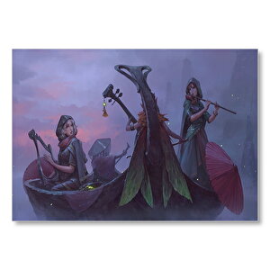 Gece Sisler Arasındaki Kayık Ve Çalgıcı Kızlar Mdf Ahşap Tablo 50x70 cm