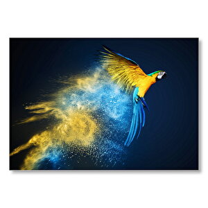 Sarı Mavi Yeşil Macaw Papağanı Ve Renkli Kanat İzleri Mdf Ahşap Tablo 35x50 cm