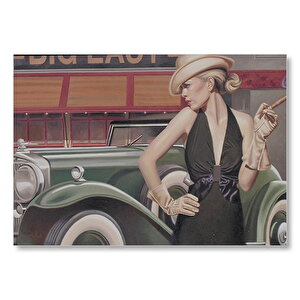 Yeşil Antika Araba Ve Puro İçen Kadın Mdf Ahşap Tablo 50x70 cm