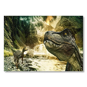 Tyrannosaurus Rex Ve Raptor Nehir Kenarında Mdf Ahşap Tablo 35x50 cm