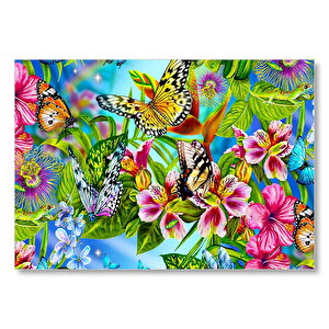 Rengarenk Çiçekler Üzerinde Rengarenk Kelebekler Mdf Ahşap Tablo 25x35 cm