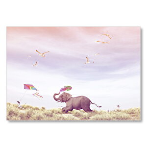 Uçurtma Uçuran Kız Ve Renk Püsküren Fil Mdf Ahşap Tablo 50x70 cm