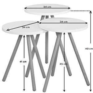 Üçlü Zigon Sehpa Ahşap Ayaklı Yuvarlak Tasarım Beyaz