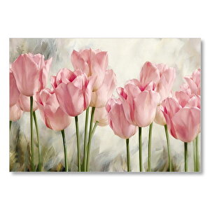 Pembe Laleler Yağlı Boya Mdf Ahşap Tablo 35x50 cm