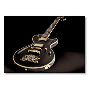 Altın İşlemeli Siyah Klasik Elektrogitar Siyah Arka Plan Mdf Ahşap Tablo 50x70 cm