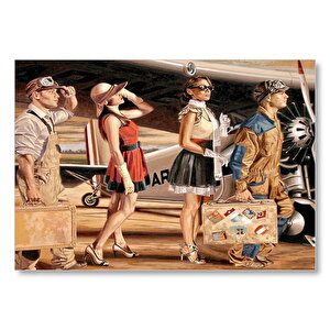 Eski Uçak, Pilotlar Ve Kadın Yolcular Mdf Ahşap Tablo 25x35 cm